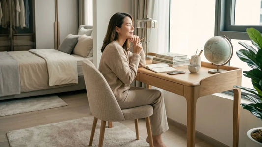 Student seated at a wooden study desk beside a bedroom window, showing proper desk height and relaxed study posture.
