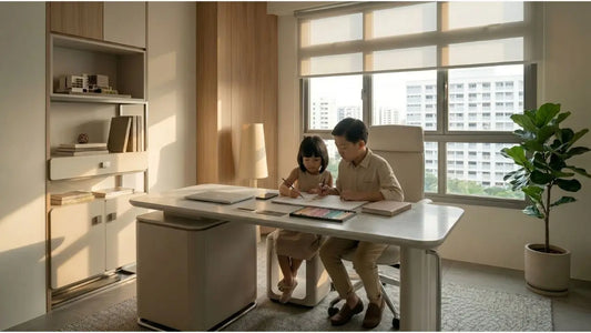 Children sharing a large white study table with storage in a modern Singapore family study room
