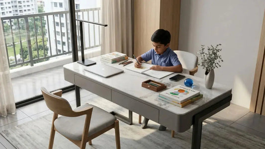 Children’s study desk with drawer storage, laptop, and books in a bright Singapore bedroom