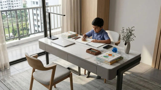 Children’s study desk with drawer storage, laptop, and books in a bright Singapore bedroom