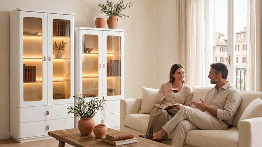 Display cabinet in a Singapore living room chosen for a calm and composed look