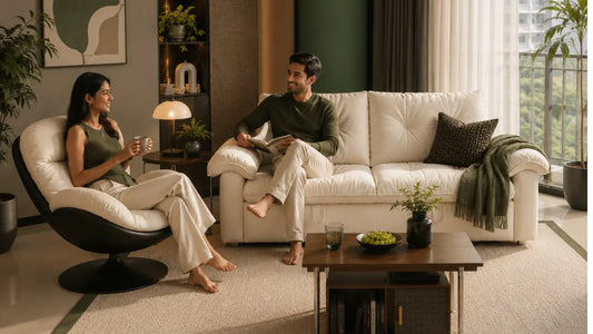 Rug chosen to anchor a Singapore living room with a balanced seating layout