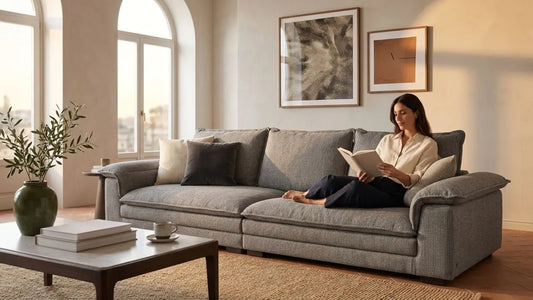 Woman reading on a classic grey fabric sofa in an Italian inspired living room with warm neutral decor