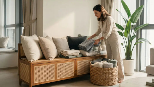 Woman arranging folded throws and cushions on a rattan storage bench in a bright Singapore living room