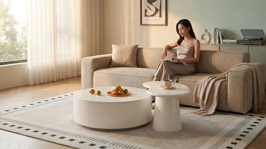 Woman sitting on a beige sofa beside a white coffee table in a warm Singapore living room, showing proper coffee table height for sofa comfort.