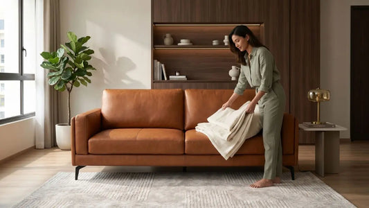 Woman arranging a throw on a cognac leather sofa in a modern Singapore home, showing daily care and practical leather sofa maintenance.