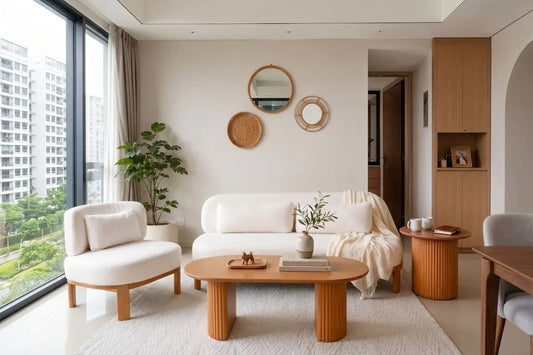 Modern Singapore home with matching white sofa, armchair and warm wood accents for a cohesive look