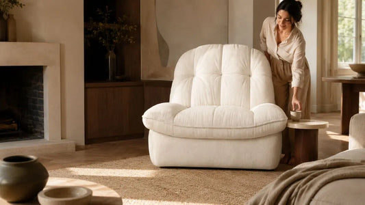 Cream upholstered lounge chair in a warm Italian-inspired living room showing how to create a cohesive look on a phased budget