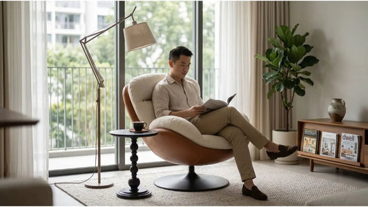 Man reading in a cushioned armchair with floor lamp and side table, styled for a comfortable Singapore reading corner
