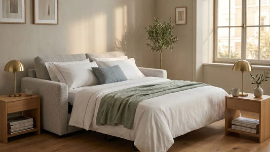 Comfortable sofa bed opened for nightly sleep in a warm modern Singapore home with soft bedding and bedside tables.