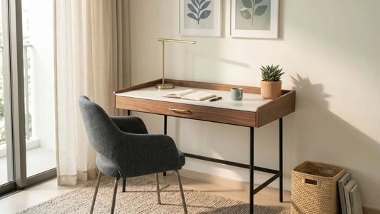 Compact wooden desk with slim chair beside a window in a small Singapore room