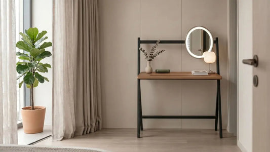Compact dressing table with round mirror and slim black frame in a modern Singapore bedroom