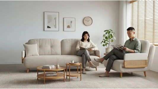 Couple reading in a bright compact living room with cream sofa, matching armchair, wood blinds, and round coffee tables