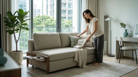 Compact sofa bed layout in a Singapore studio apartment with clear walking space