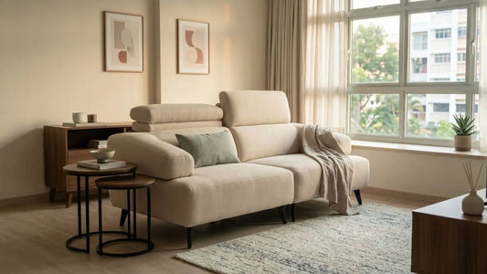 Compact cream two-seater sofa in a smaller Singapore HDB living room with nesting tables, warm wood storage and soft daylight.