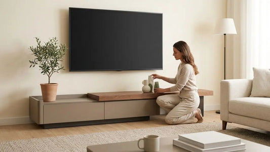 Woman styling a TV console with concealed cable management, wall-mounted television, wood top console, and neutral living room decor