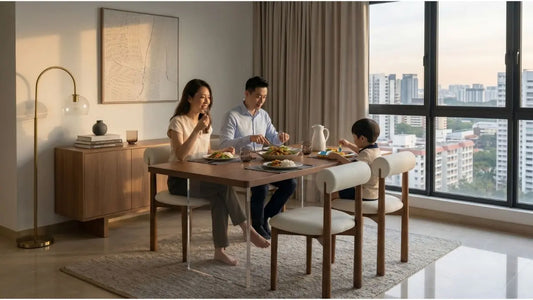Family dining at a coordinated wooden dining area in a bright Singapore condo with sideboard, rug, and city view.