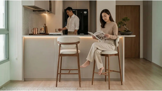 Woman seated on a counter stool at a kitchen island, showing comfortable stool height, footrest placement, and counter clearance