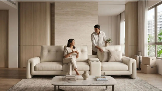 Couple arranging a cream sofa in a modern Singapore condo living room with moving boxes nearby