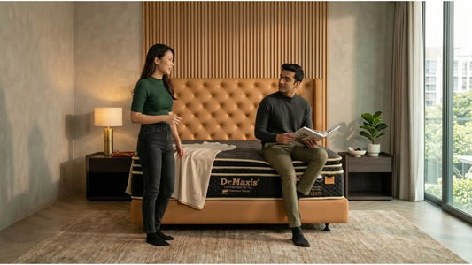 Couple checking Dr Maxis mattress comfort for hot sleepers in a modern Singapore bedroom