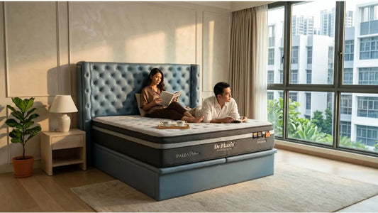 Couple relaxing on a Dr Maxis mattress near large windows showing airflow for sleep temperature control
