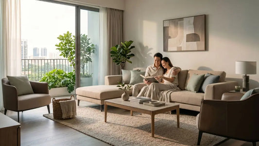 Couple relaxing on a beige sofa in a warm Singapore living room with balcony plants, armchairs, and a wooden coffee table.