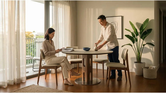 Couple using an oval veneer dining table in a Singapore home, highlighting durable surface quality for daily dining