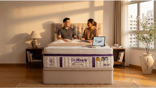 Couple discussing pocket spring mattress support and motion isolation in a warm Singapore bedroom