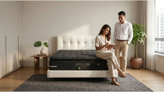 Couple reviewing mattress details beside a black Esteller mattress in a bright Singapore bedroom with white upholstered bed frame