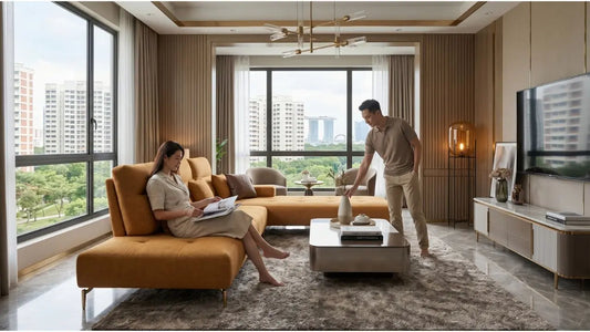 Couple styling a mustard sofa in a Singapore living room, showing considered furniture placement and material harmony
