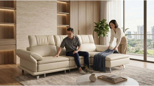 Couple testing a cream sofa in a Singapore condo living room to assess seat firmness and suspension support