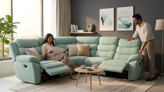 A woman reading on a light green reclining sofa against a dark charcoal grey accent wall, with a man standing nearby in a modern, sunlit apartment living room.