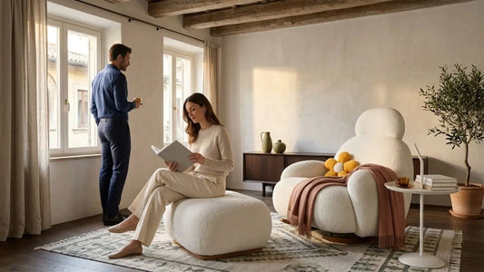 Cream boucle armchair with matching ottoman in a warm Italian-inspired living room, showing how to choose an armchair fabric for daily use