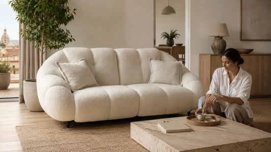 Cream boucle sofa in an Italian-inspired living room for furnishing a Singapore home without long lead times