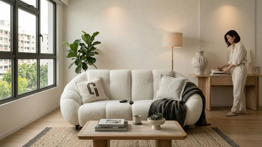 Four-room HDB living room with a cream sofa, wooden coffee table, grey throw, and space-saving side console