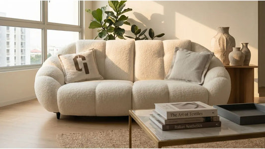 Cream fabric sofa in a bright Singapore living room showing durable upholstery texture and everyday comfort