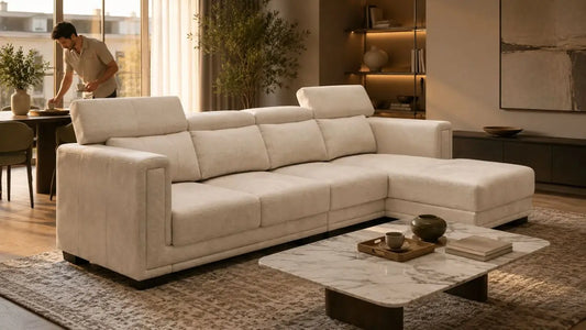 Cream L-shaped sofa in an Italian-inspired living room showing how sofa design, upholstery and construction affect price