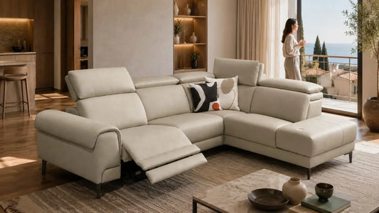 Cream leather recliner sectional sofa in an Italian-inspired modern living room with warm wood styling