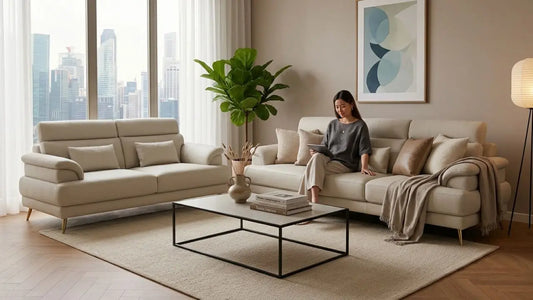 Cream leather sofa set in a modern Singapore living room with city skyline view, showing elegant sofa material choices for urban homes