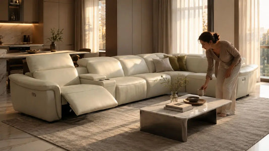 Cream reclining sectional sofa in a warm modern living room prepared for Chinese New Year guests