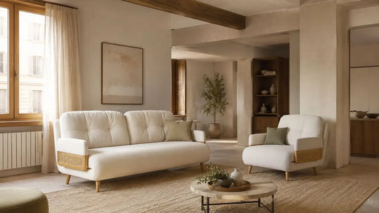 Cream tufted sofa and matching armchair arranged around structural beams in a warm Italian-inspired living room