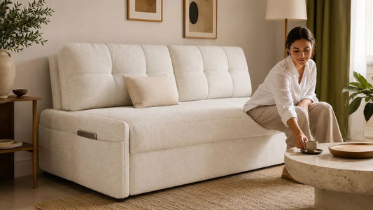 Cream sofa bed in an Italian-inspired living room with warm neutral styling for smart home furnishing