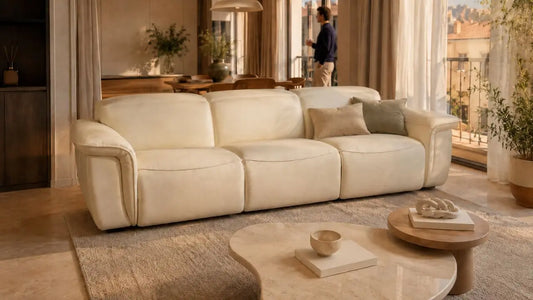 Cream upholstered sofa in an Italian-inspired living room with wood, stone and soft textile materials styled together for a refined interior