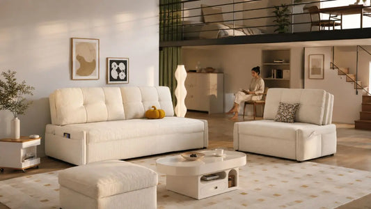 Cream sofa set in a warm modern loft living room with mezzanine, styled for compact vertical home furnishing