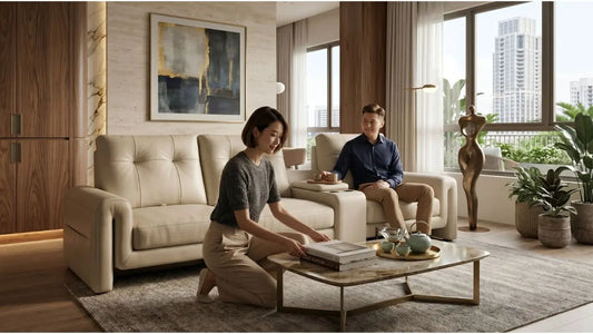 Cream sofa set with coffee table in a bright condo living room, showing how anchor furniture pieces complete a home