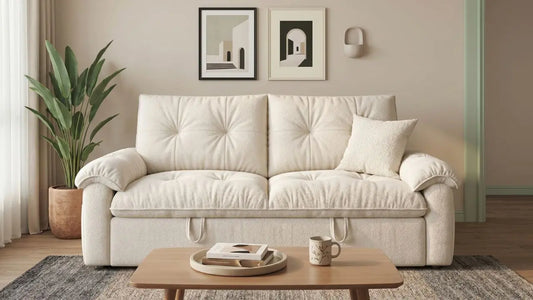 Cream three-seater sofa in a calm Singapore living room with coffee table, indoor plant, and neutral wall art
