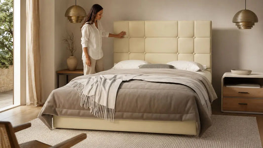 Cream upholstered bed with tufted headboard in an Italian-inspired bedroom showing upholstery craftsmanship beneath the surface