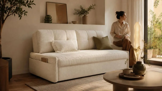 Cream upholstered sofa as the focal point in a warm Italian-inspired living room with refined neutral styling