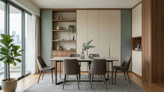 Custom built-in dining room storage with wood shelving, cream cabinets, and dining furniture in a Singapore condo.