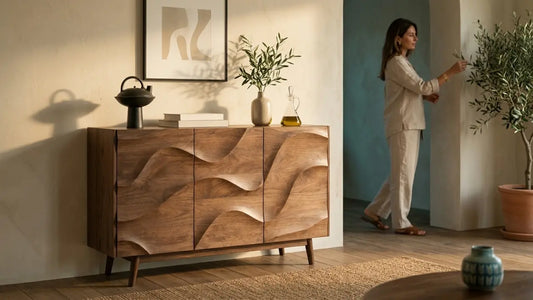 Custom walnut sideboard in a calm interior, representing the finished result of planned custom carpentry lead times.